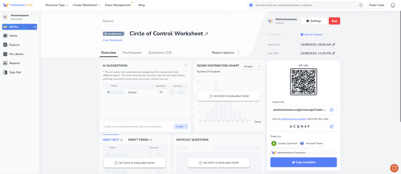 The assignment's report screen