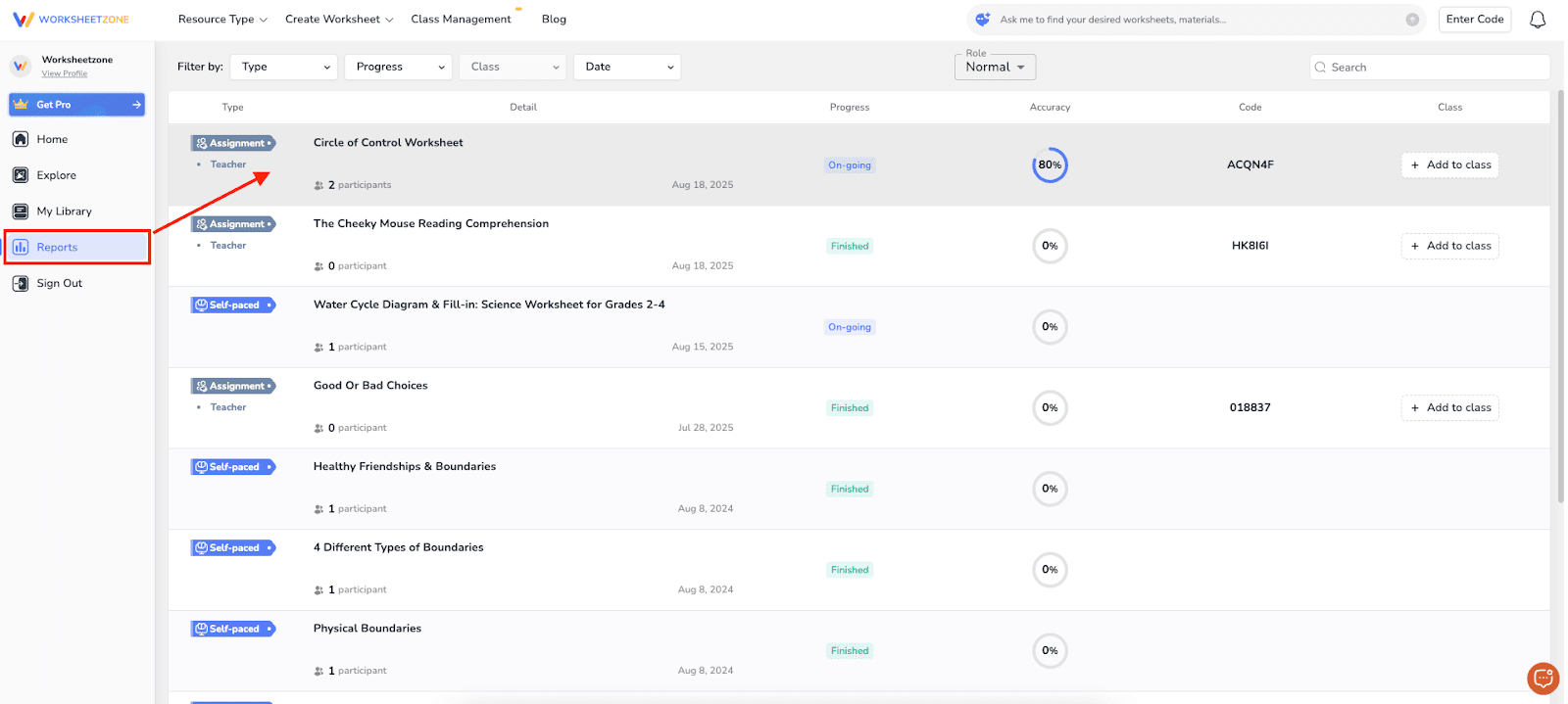 Choose assignment from "Report" tab