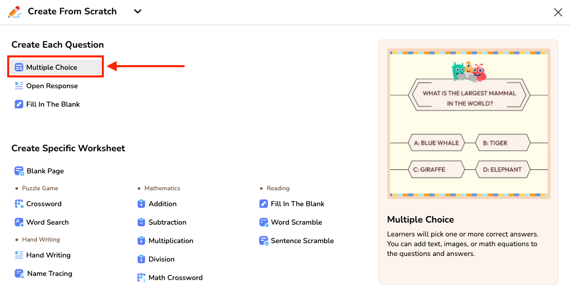 Choose "Multiple Choice" from pop-up