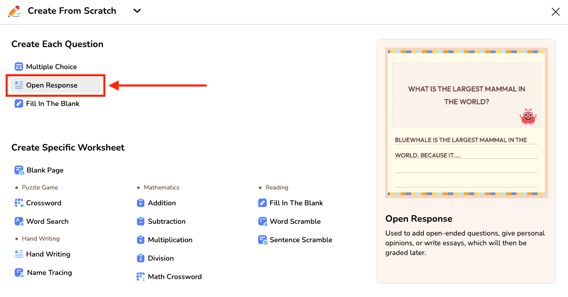Choose "Open Response" from pop-up