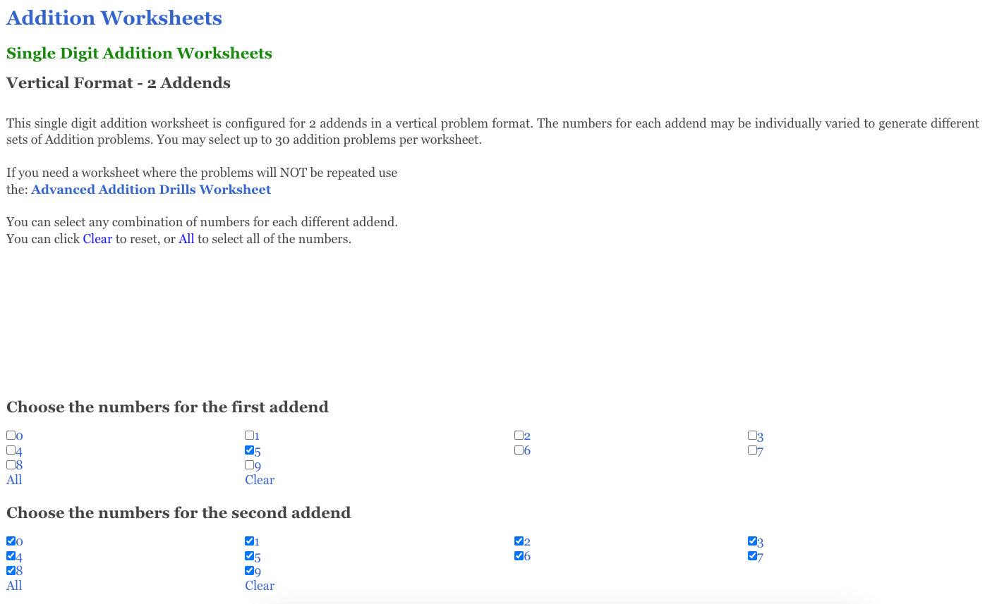 Math-Aids Dynamically Created Addition Worksheets