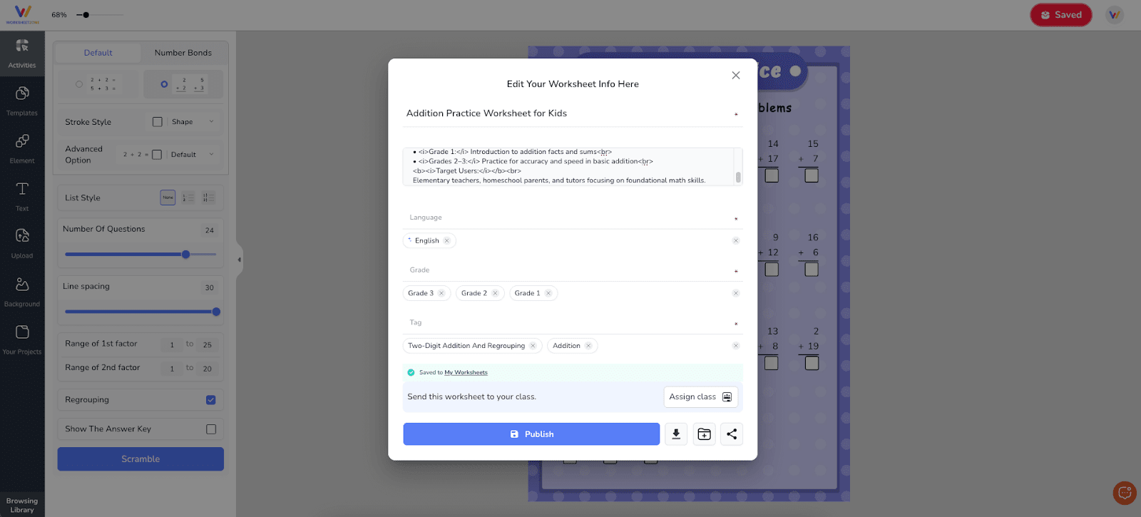 Save and share your addition worksheet