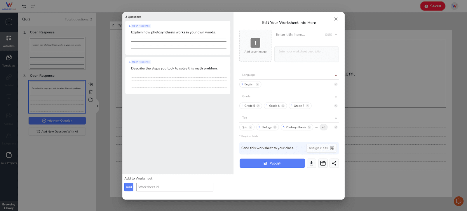 Save your Open response quiz
