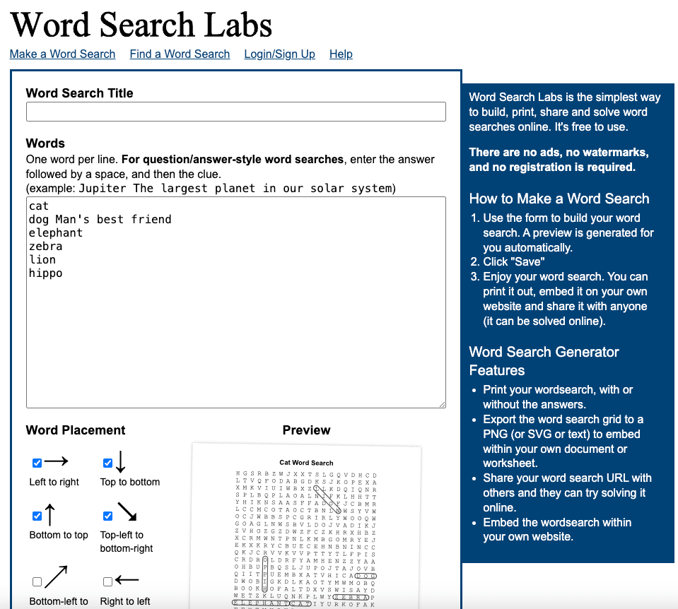 Word Search Labs puzzle builder interface