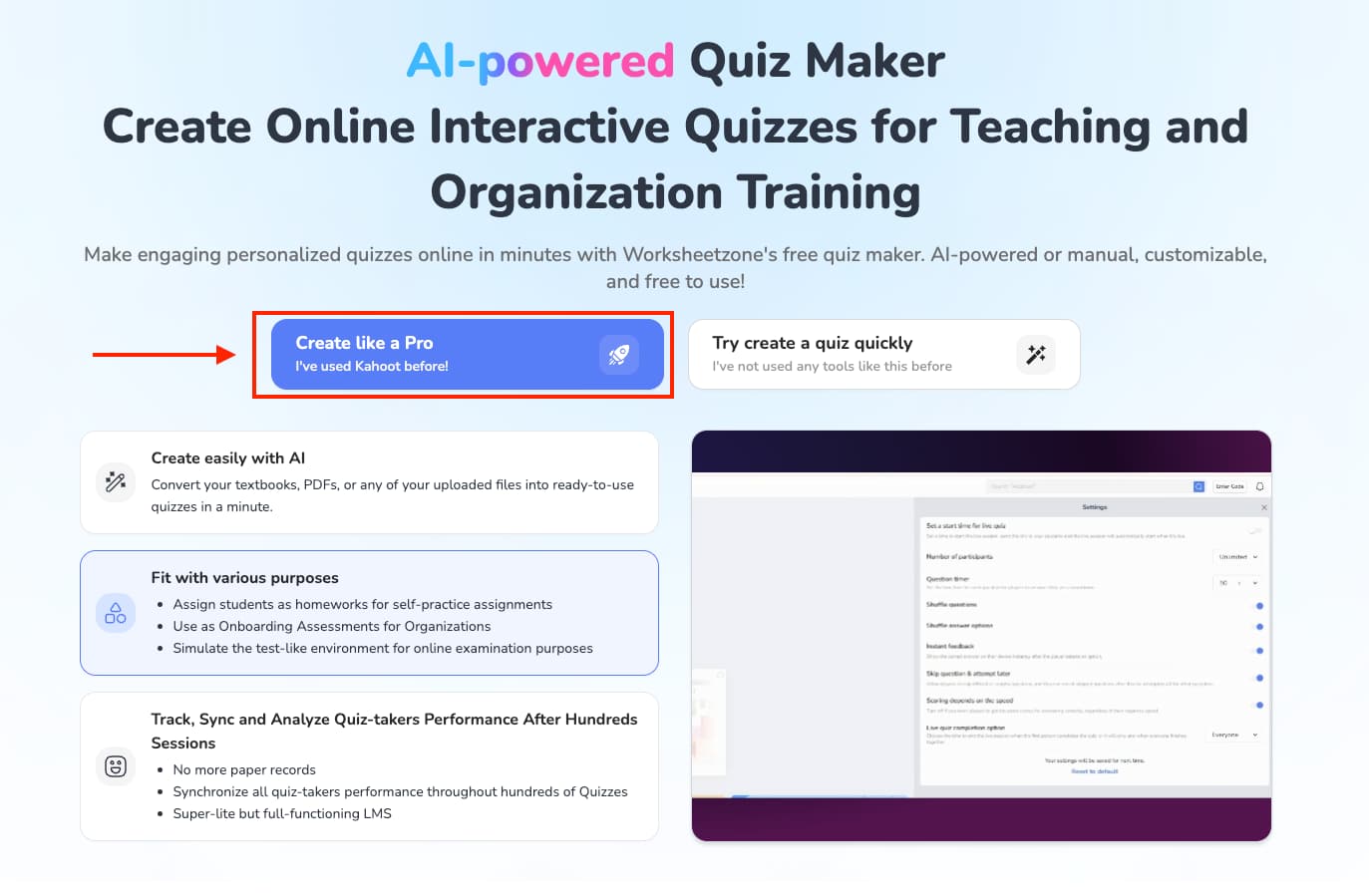Choose "Create like a Pro" button in Quiz Maker landing page