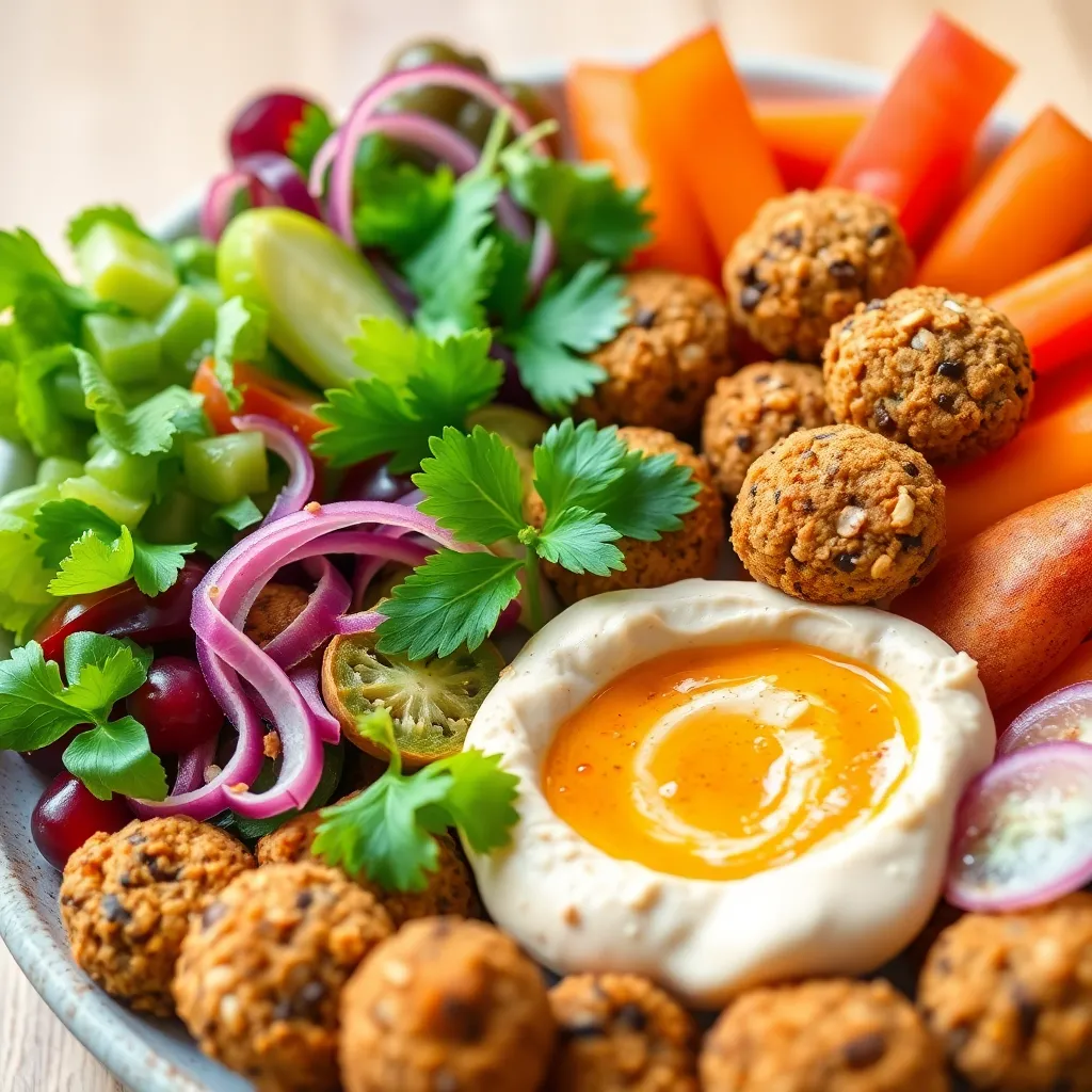 Colorful vegetarian platter with hummus, falafel, and fresh vegetables