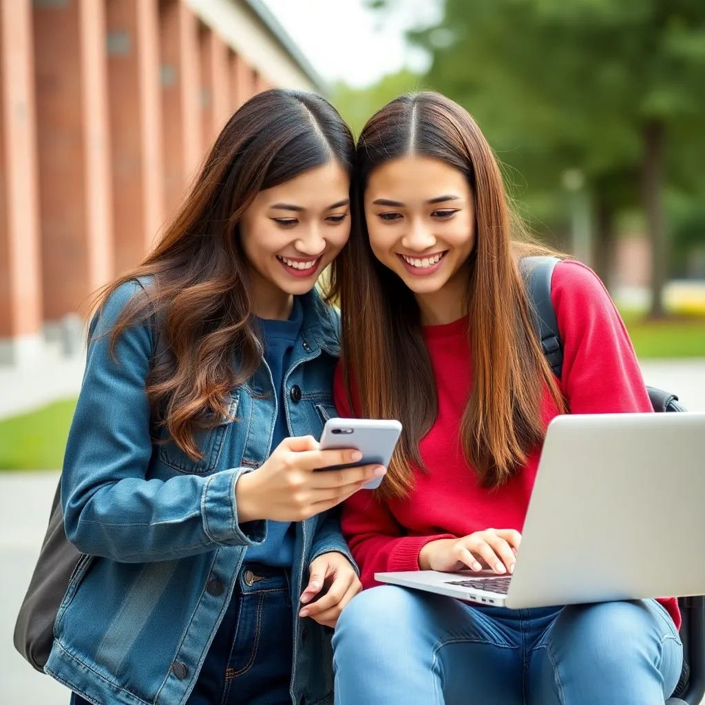 Two female students using smartphone and laptop together smiling on campus