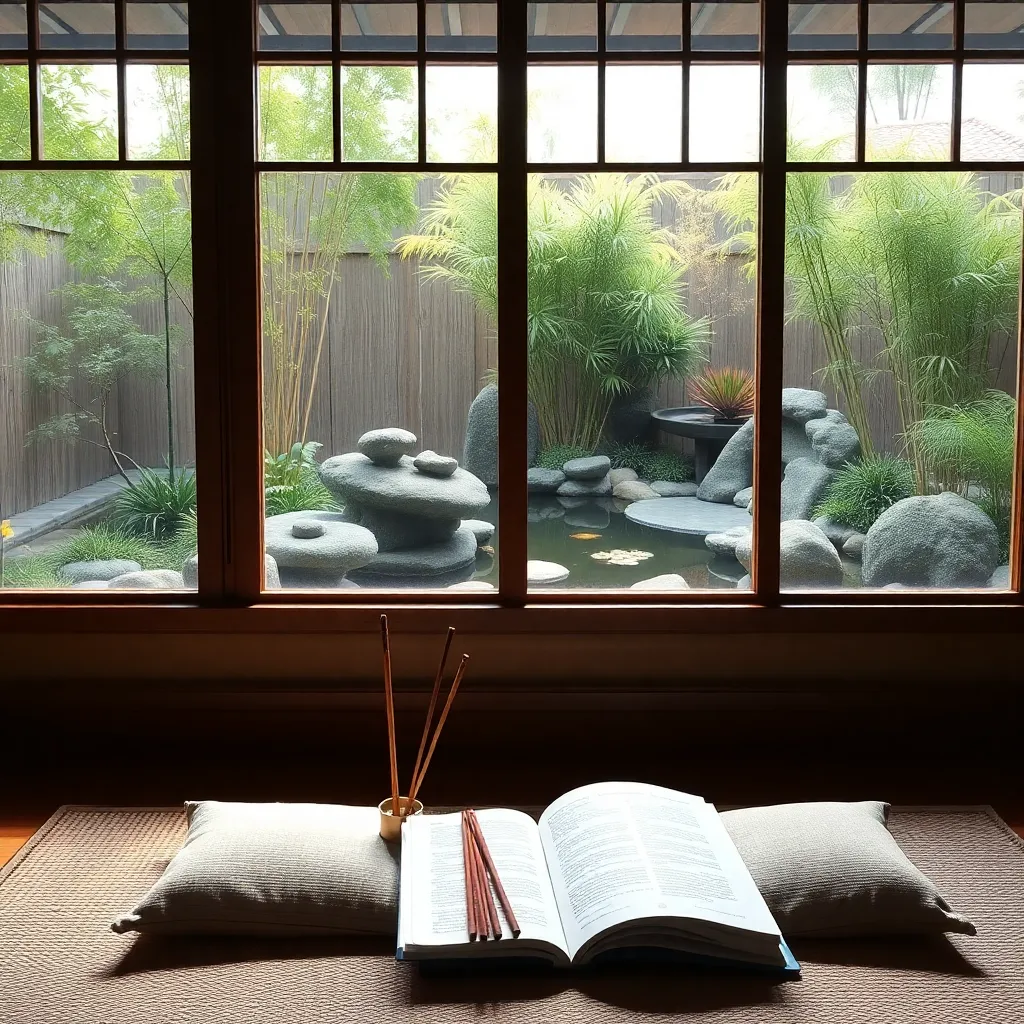 Peaceful indoor meditation setup with cushion, incense sticks, book of spiritual teachings, and window overlooking zen garden with koi pond and bamboo