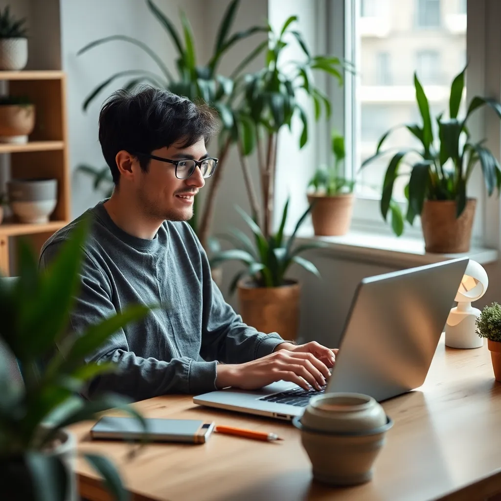 Freelancer working on laptop in a comfortable home office environment with plants