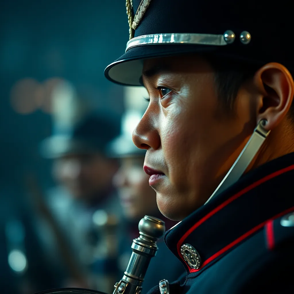 Close-up penampilan dramatis seorang pemain drum major
