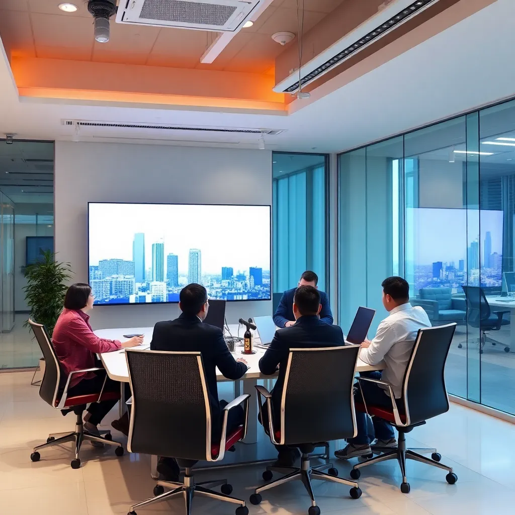 Tim profesional NWSN sedang bekerja bersama di kantor modern dengan perangkat teknologi canggih