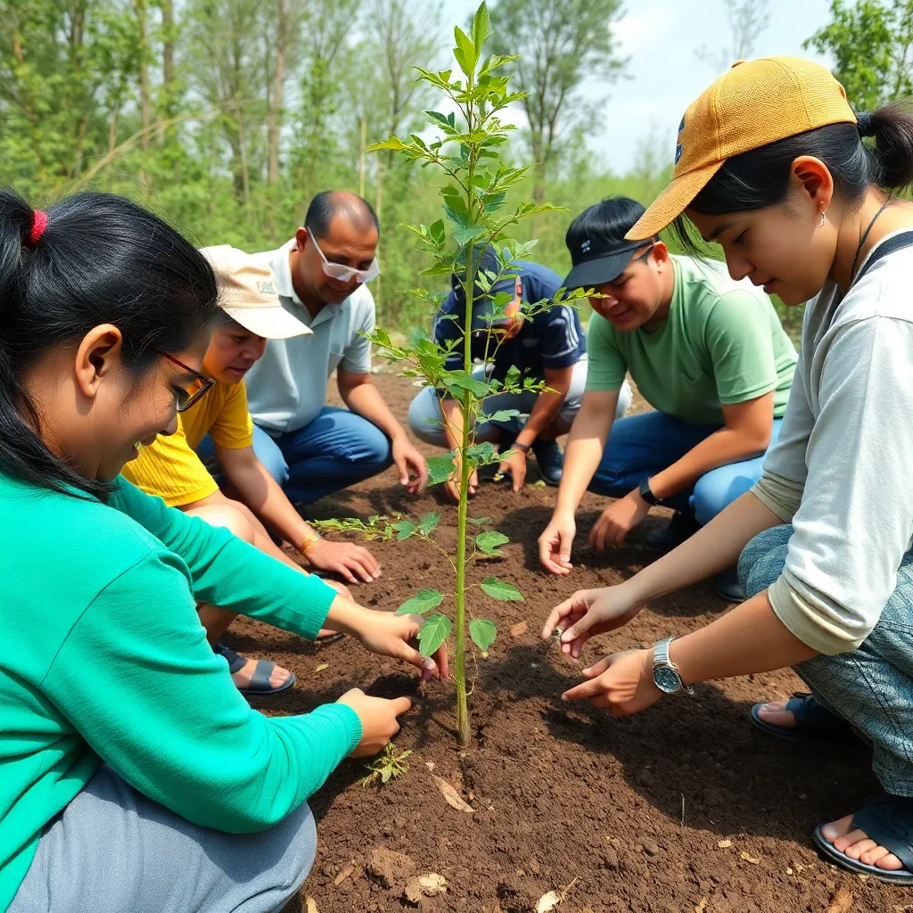 Environmental conservation project with volunteers planting trees together