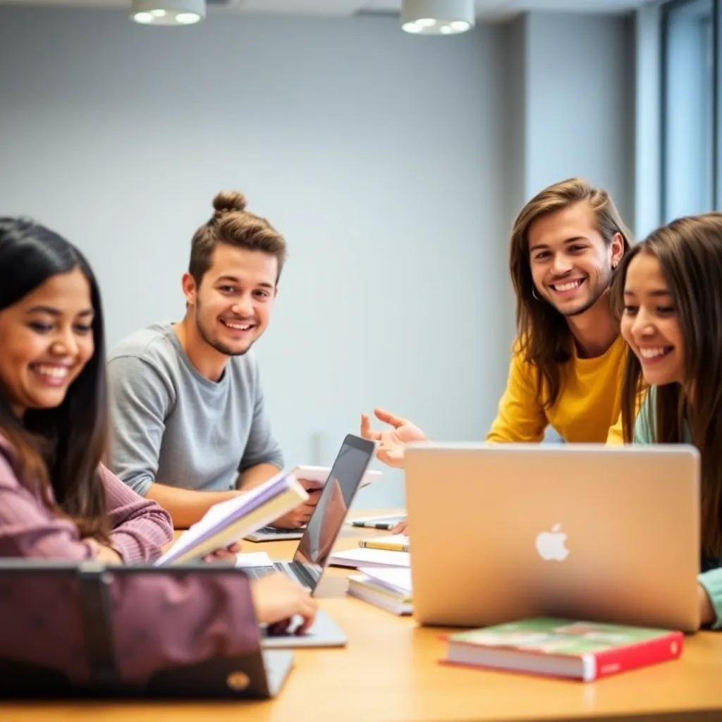 Happy students studying together in modern classroom with laptops and textbooks