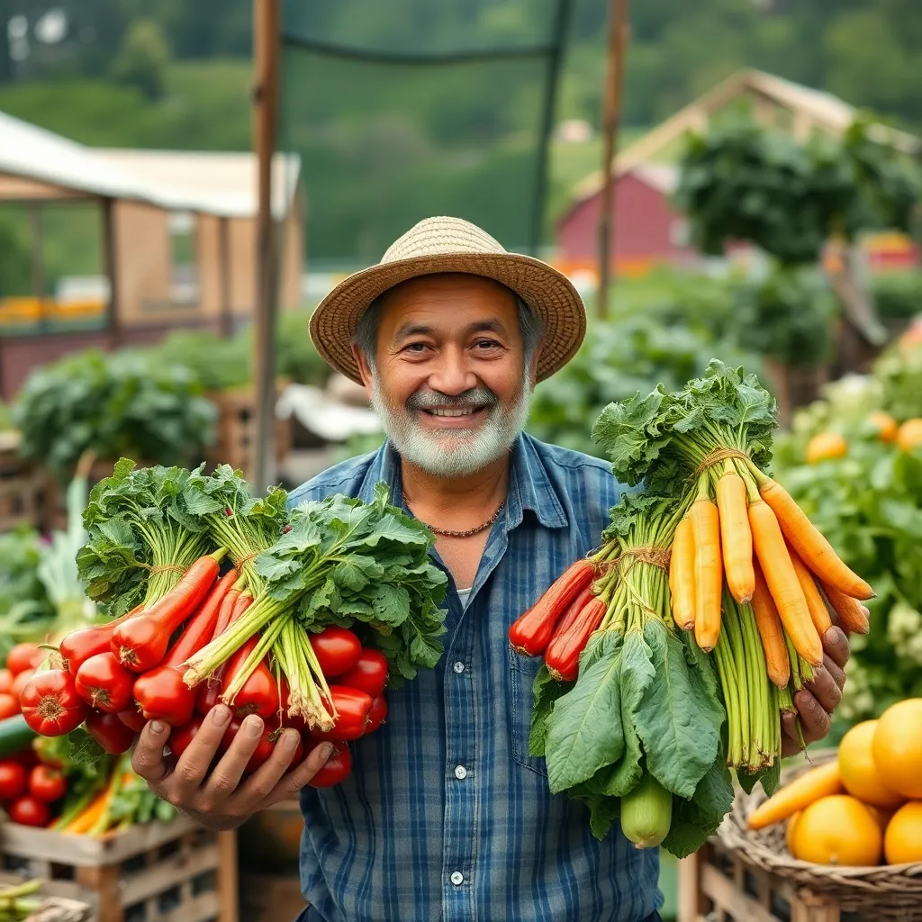 Local farmer proudly displaying freshly harvested vegetables