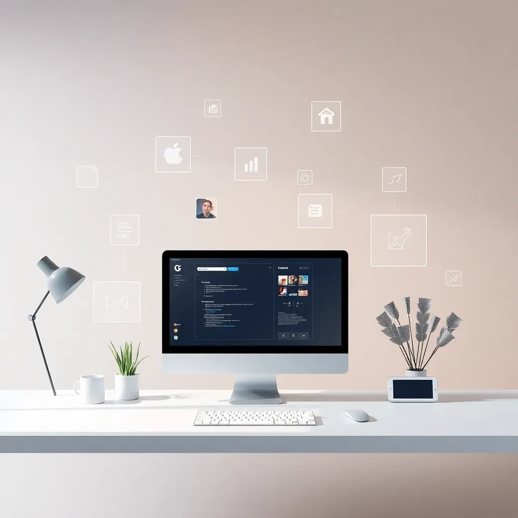 Digital abstract representation of a modern creative professional workspace with floating UI elements