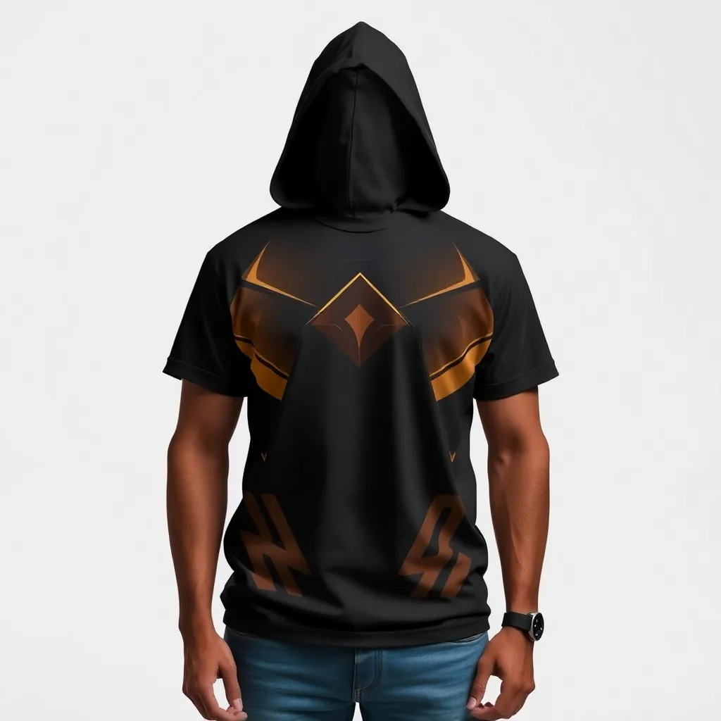 Modelo vestindo camiseta personalizada com design moderno em primeiro plano, com outros produtos como moletons e bonés ao fundo