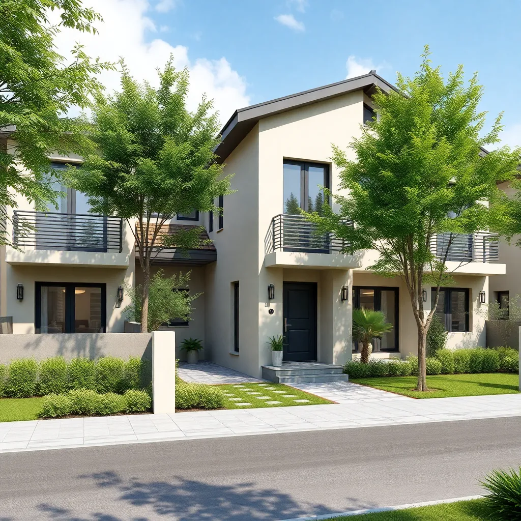 Moderno complejo residencial terminado con áreas verdes y fachadas contemporáneas