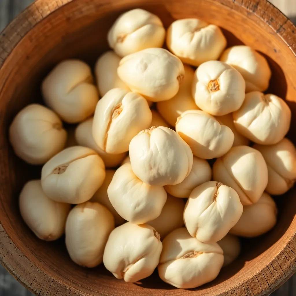 Foxnut seeds in wooden bowl with natural lighting showcasing their creamy white color and smooth texture