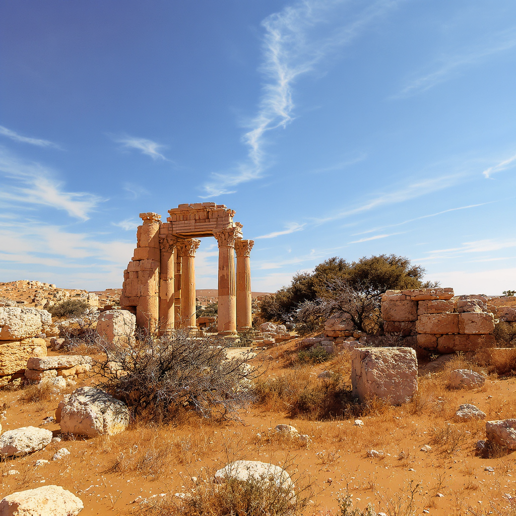 Ancient ruins with stone pillars and blue sky in Tunisia