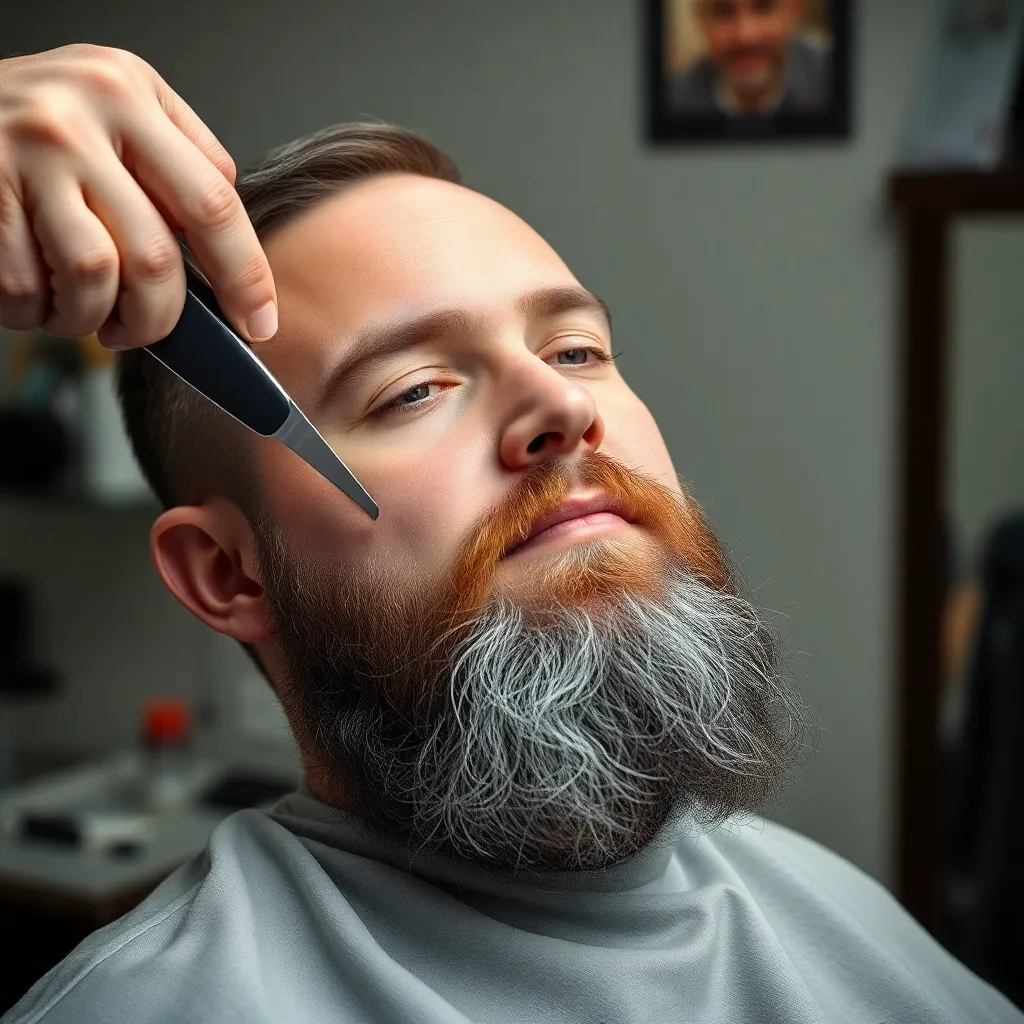 Barbero profesional recortando barba con tijeras y peine