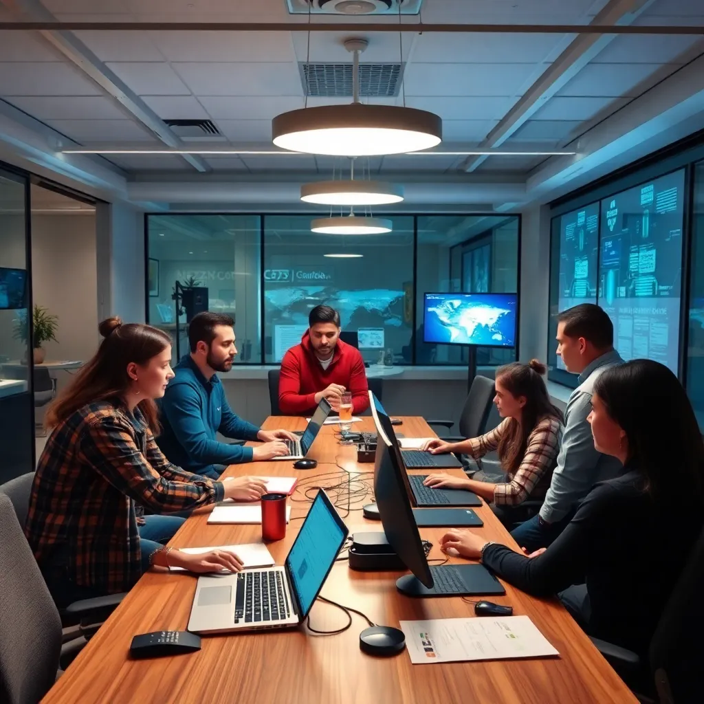 Collaborative workspace at NexusTech with diverse team members working on advanced technology projects