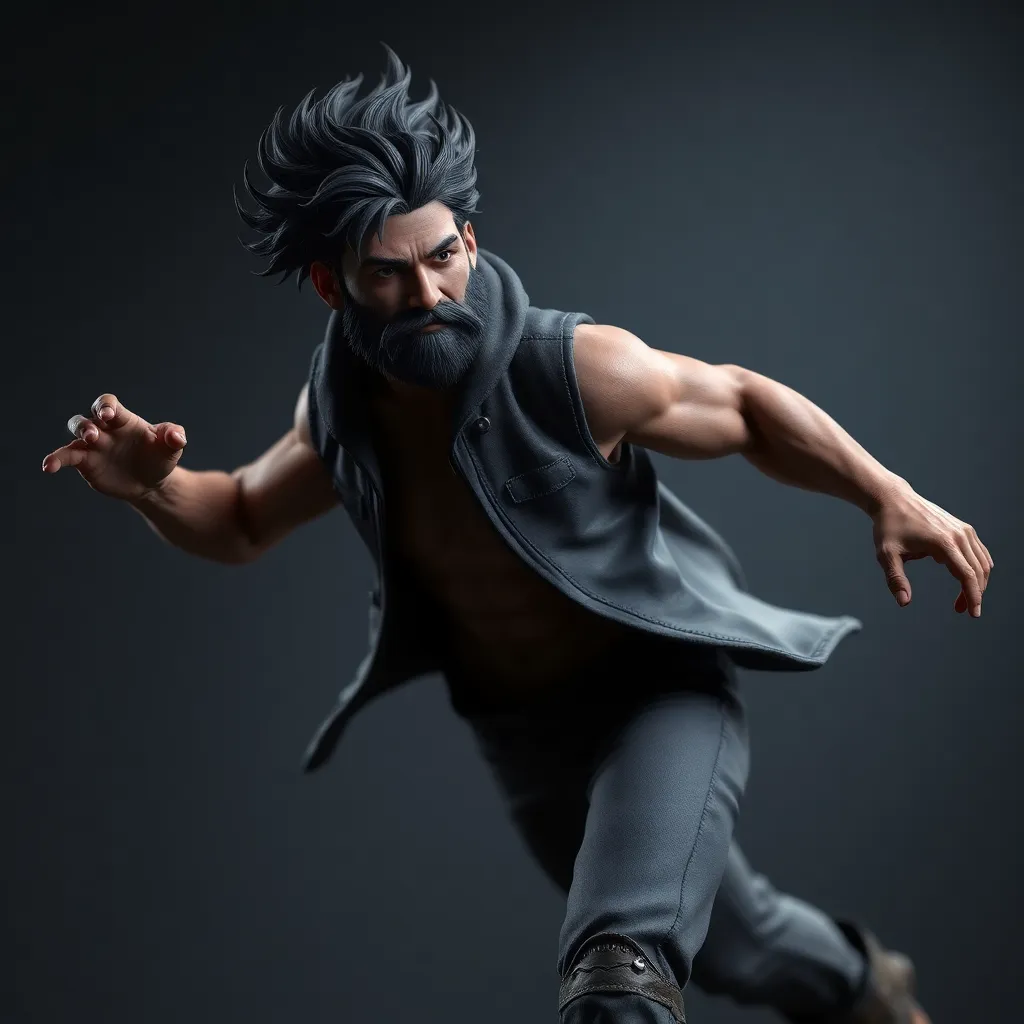 Highly detailed 3D character model in a dynamic pose with realistic textures and lighting