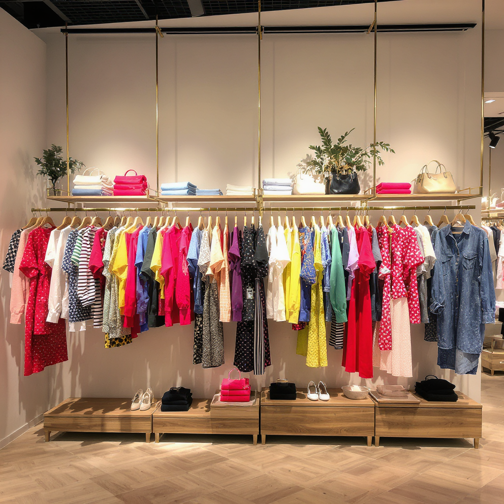 Trendy fashion clothing display with colorful shirts, dresses, and accessories hanging in a modern boutique setting with warm lighting