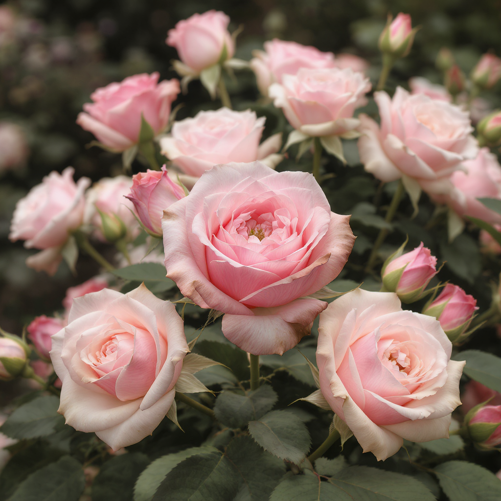 Bouquet of delicate pink roses with soft green leaves