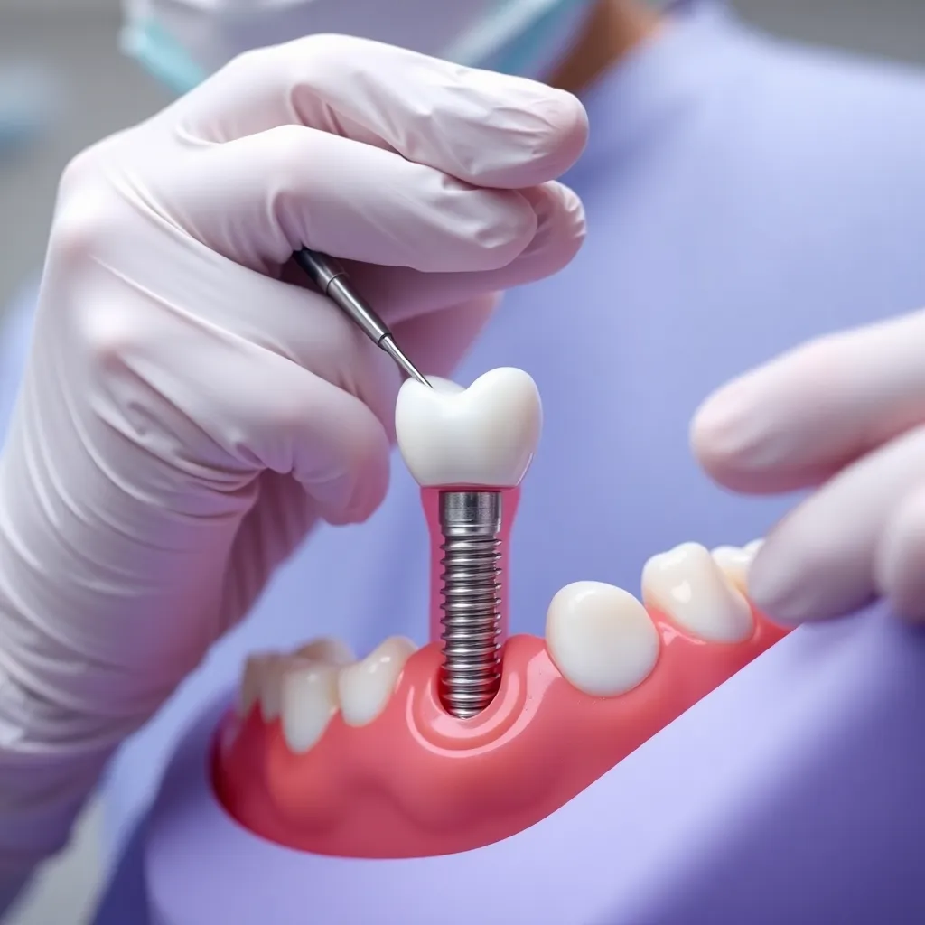 Dental implant procedure showing surgeon placing artificial tooth root
