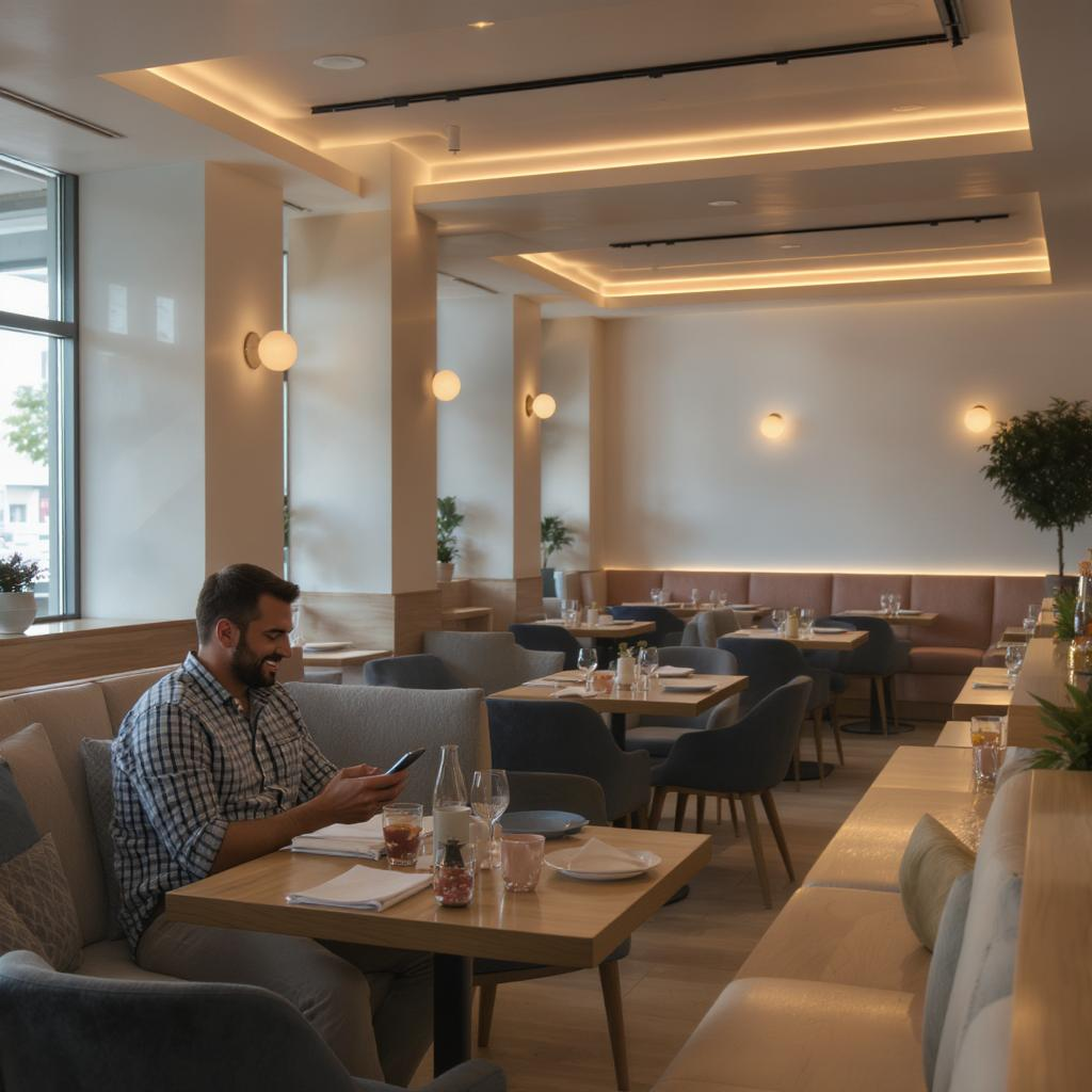 Restaurante moderno com decoração contemporânea, mesas organizadas, ambiente acolhedor, iluminação adequada e cliente satisfeito usando smartphone