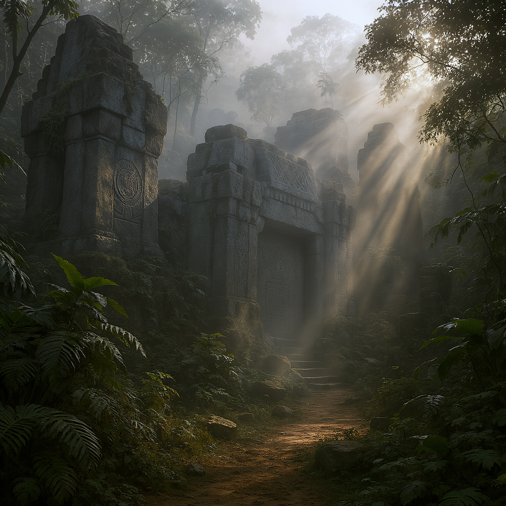 Ancient stone ruins emerging from misty jungle with golden sunlight filtering through dense vegetation and mysterious carved symbols on weathered walls