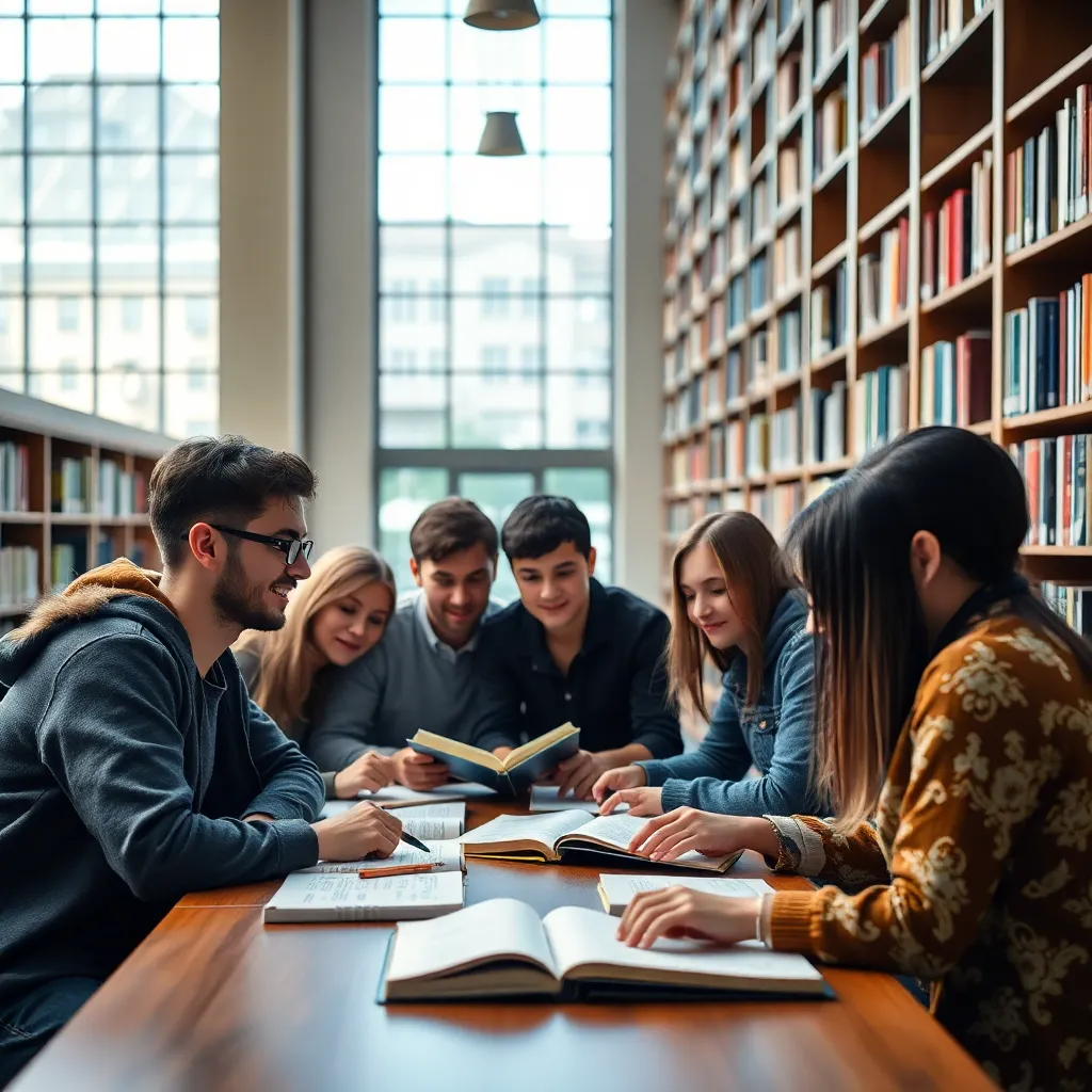 Diverse group of students studying together while sharing knowledge at a table in a well-lit university library
