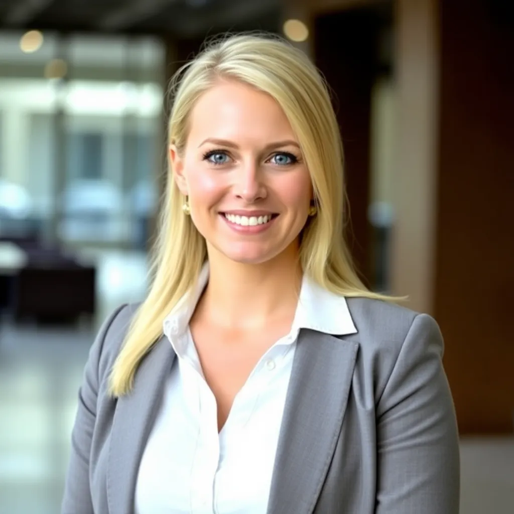 Emily Wilson, Director of Property Management, a blond woman in her mid-30s with a business casual outfit