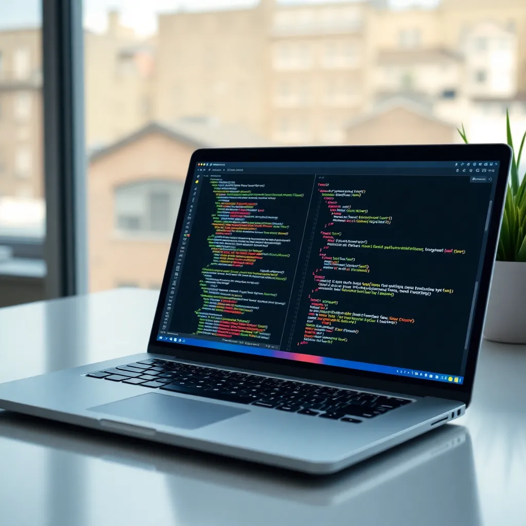 Modern laptop with code editor open showing programming concepts and digital workspace