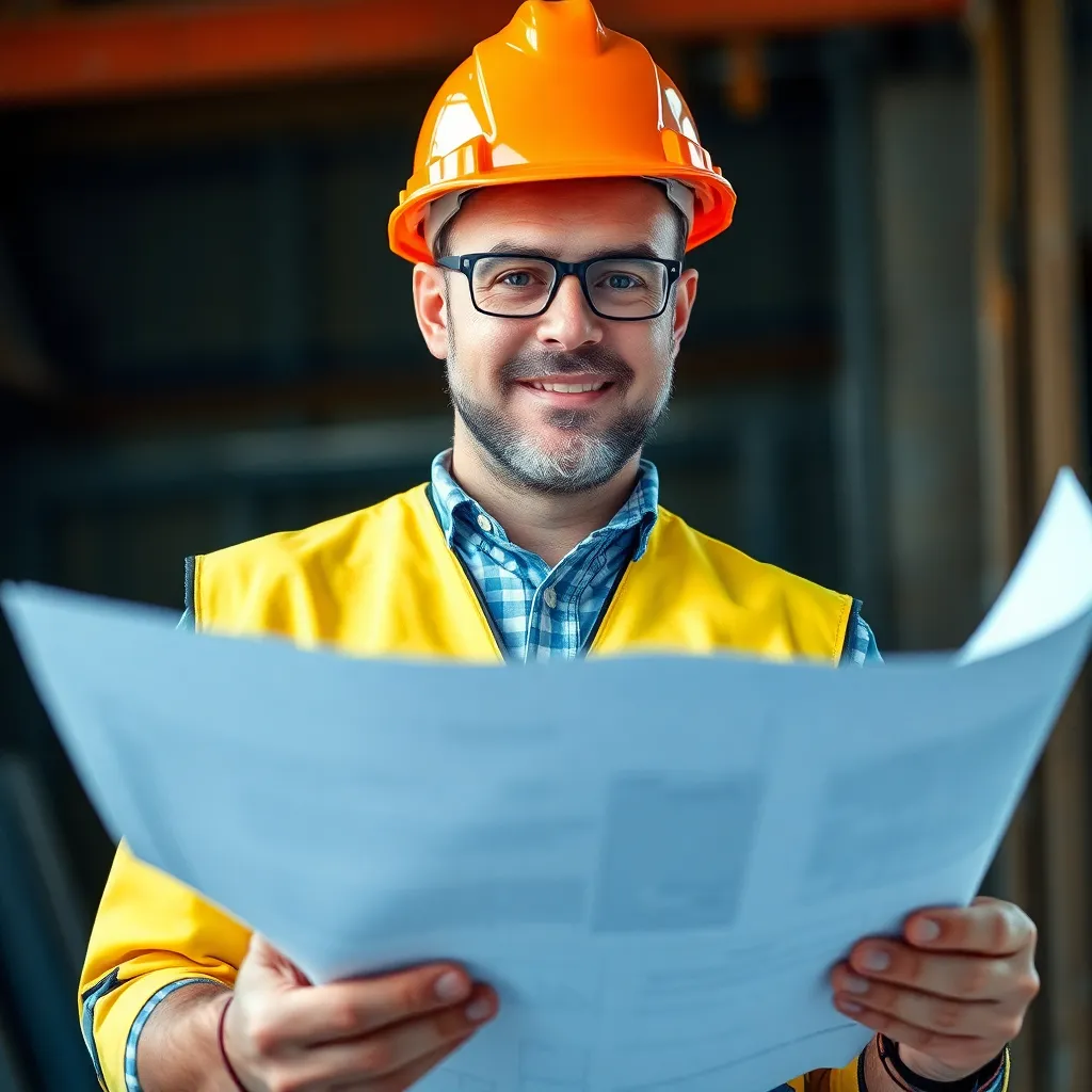 Portrait of construction supervisor reviewing blueprints