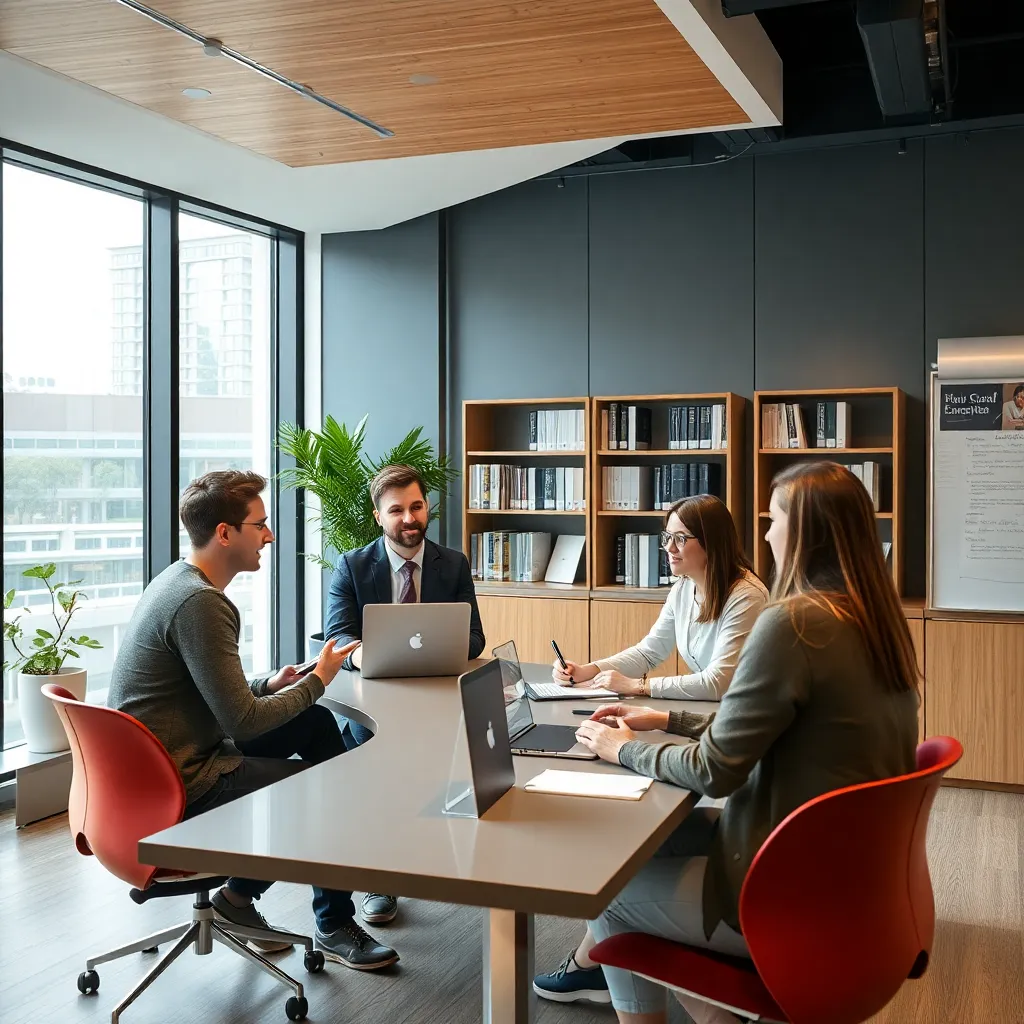 Modern education and legal consultation office with professionals helping students and clients