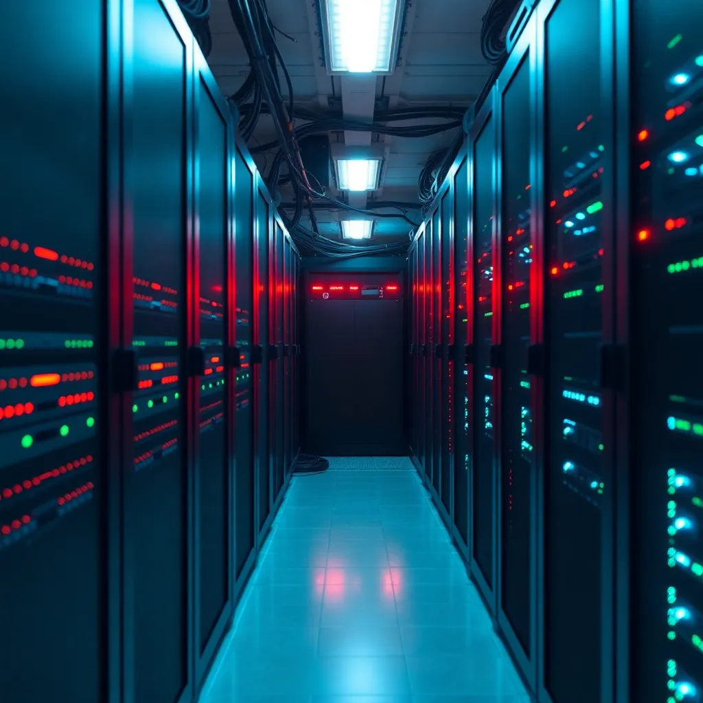 Server racks in a modern data center with blinking lights and network cables
