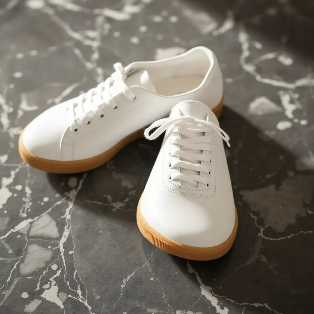 White retro sneakers with gum sole on marble background