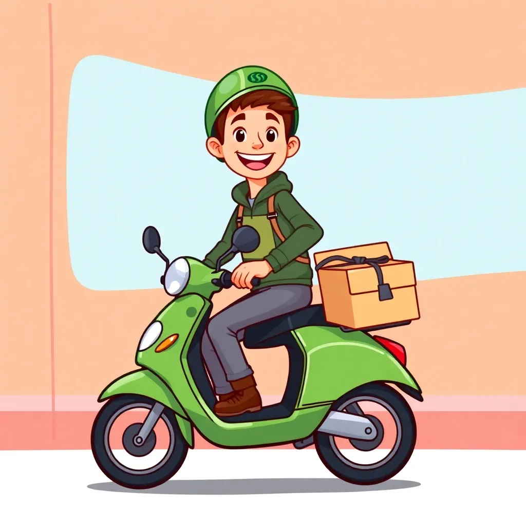 A cheerful delivery person riding a green scooter wearing a green helmet and delivery bag, cartoon style, bright colors