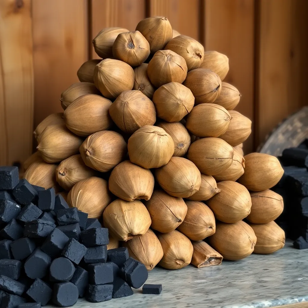 Stack of natural brown coconut shells and black charcoal briquettes arranged indoors with wooden background