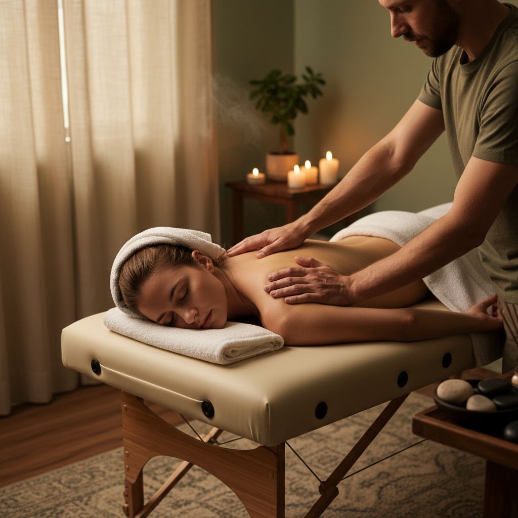 Massage therapy session showing therapeutic deep tissue work in calm environment