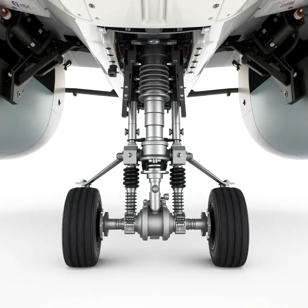 Aircraft landing gear assembly in white background with detailed brake system and shock absorbers