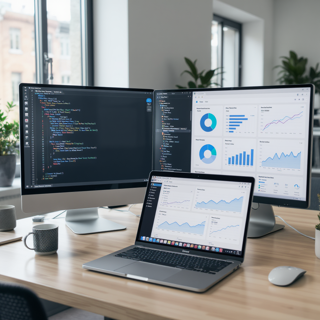 Modern laptop workspace with multiple monitors showing code and analytics dashboards