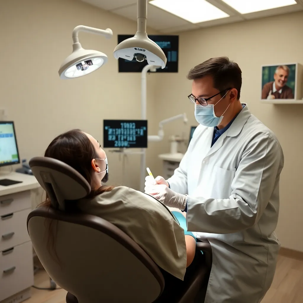 Dental checkup procedure showing dentist examining patient's teeth with mirror and light