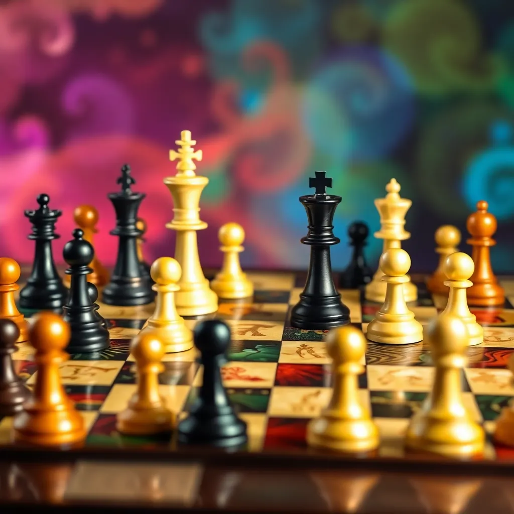 Magic Chess game board with various chess pieces and colorful backgrounds