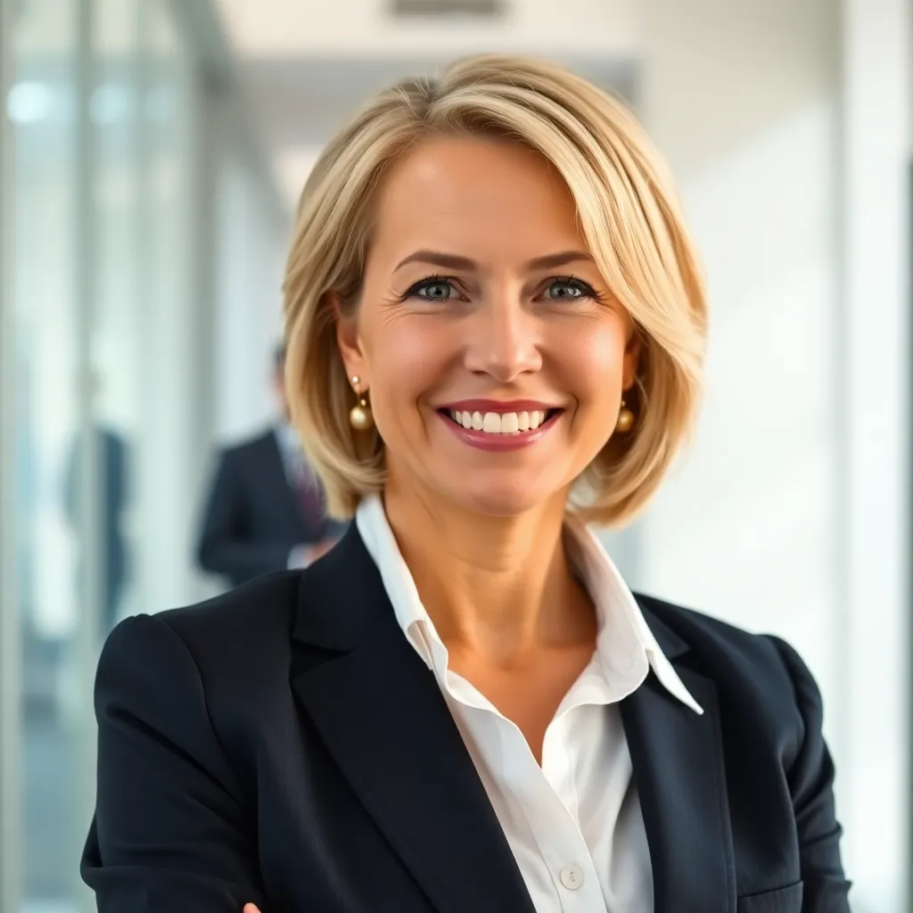 Smiling middle-aged business woman in professional attire with short blonde hair standing in a modern office