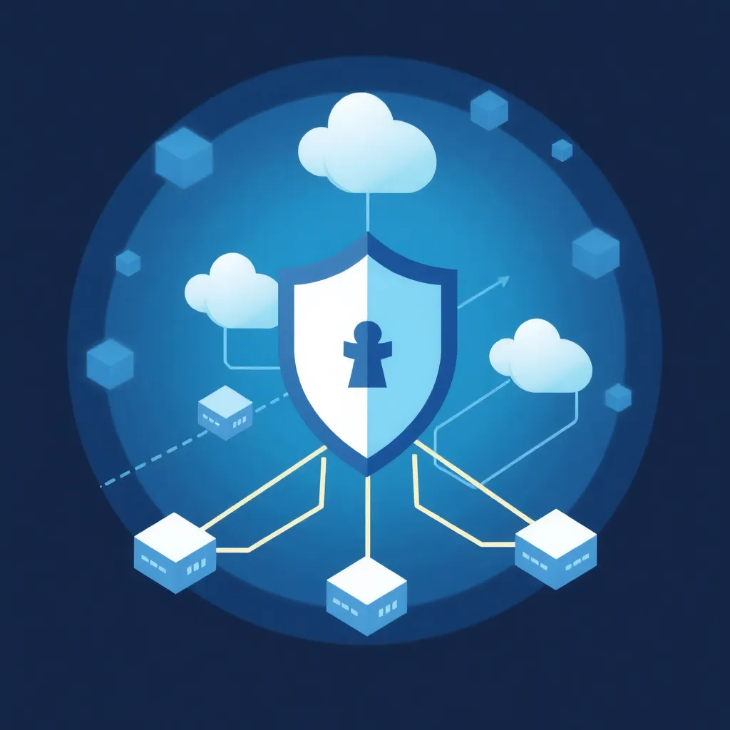 Network security illustration showing shield protecting network nodes