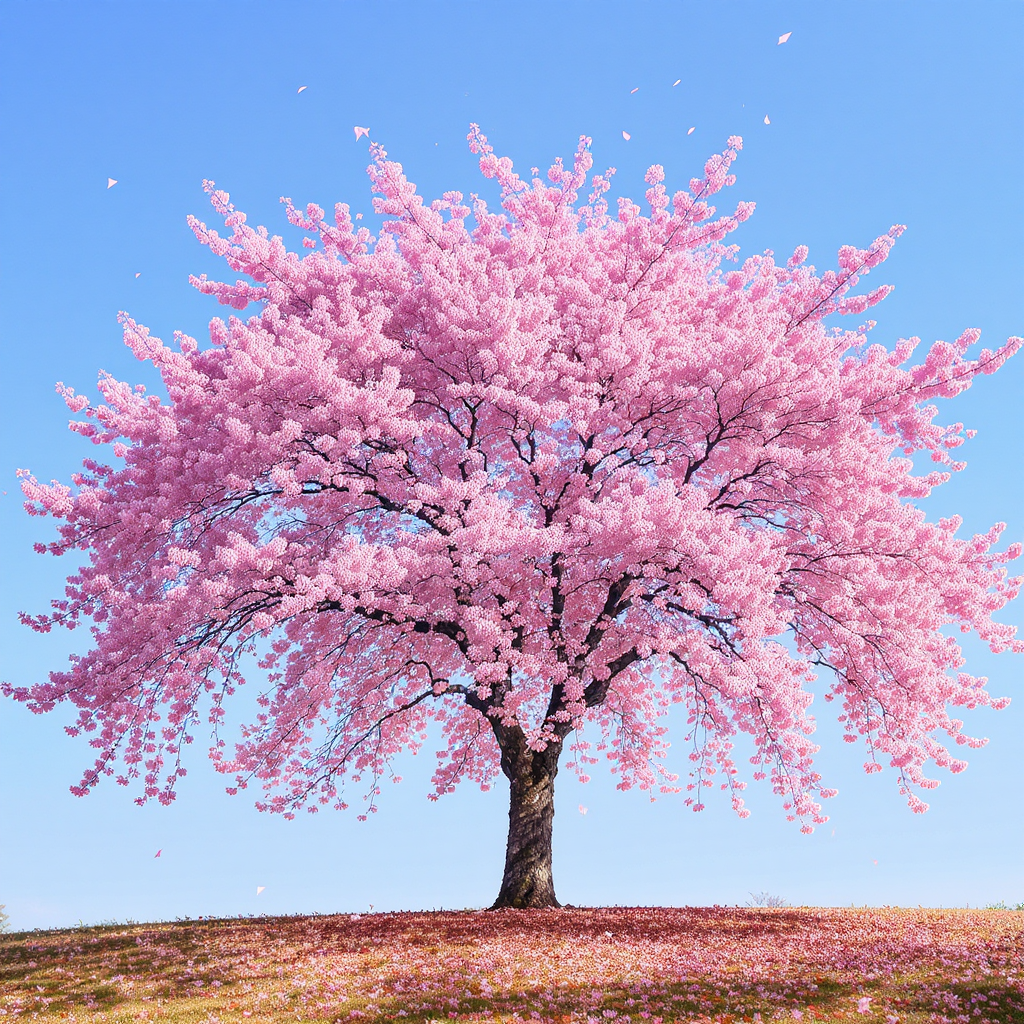 Branch of pink cherry blossoms against a blue sky