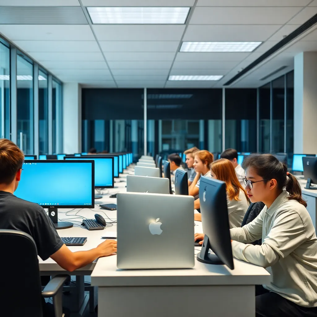 Modern computer lab with students learning at workstations, bright lighting and educational atmosphere