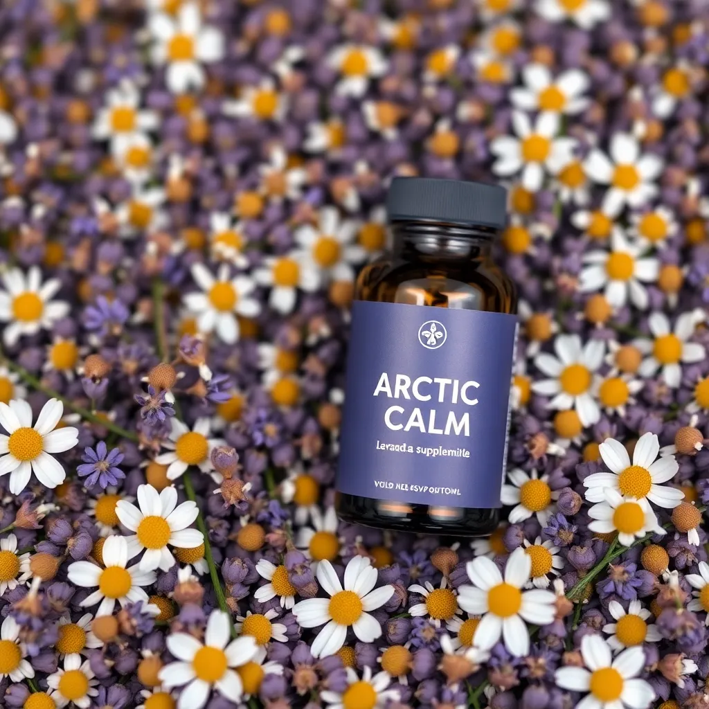 Earth-toned Arctic Calm supplement bottle with minimalist packaging on a bed of lavender and chamomile flowers
